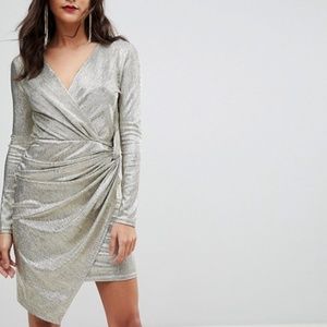 Gold shimmer wrap front mini dress